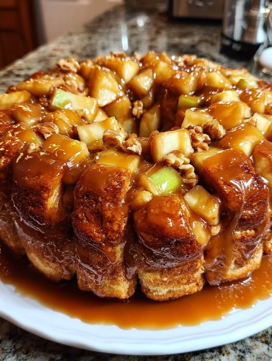 Gooey caramel apple monkey pull apart bread topped with caramel drizzle and apple slices.