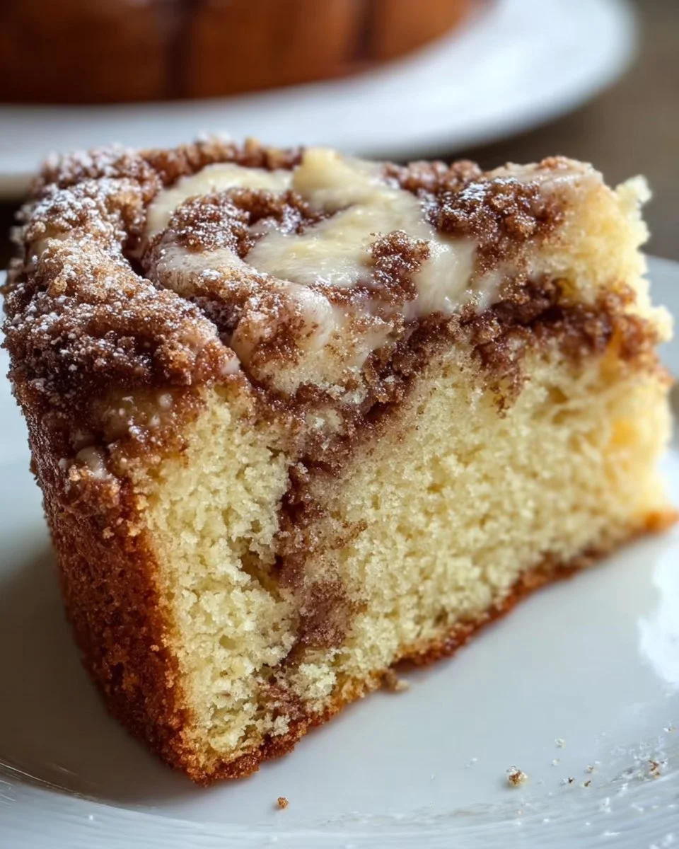 A slice of Grandma’s Cinnamon Coffee Cake topped with a crumbly cinnamon streusel.