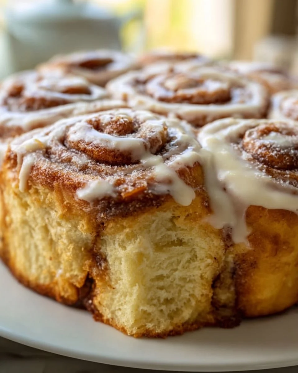 Delicious slice of Grandma's Cinnamon Roll Cake topped with icing