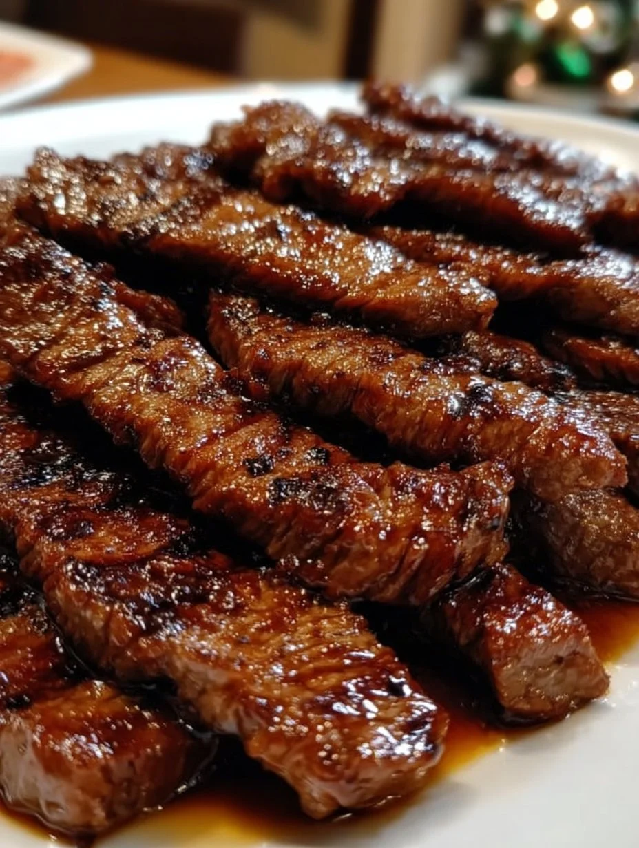 Honey glazed steak strips sizzling on a grill pan for a delicious meal.