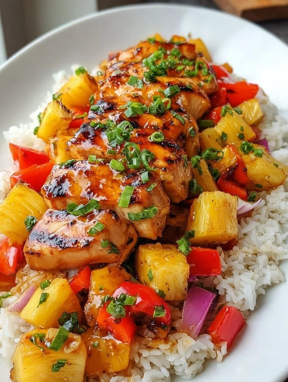 Grilled Hawaiian Chicken served with tropical fruits and garnished with green herbs