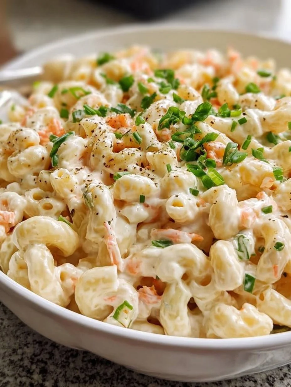 Delicious Hawaiian Macaroni Salad served in a bowl with fresh ingredients