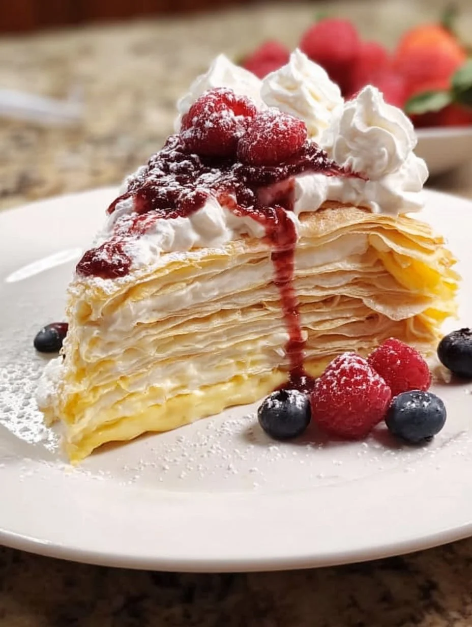 Delicious layered crepe cake with multiple thin layers and creamy filling