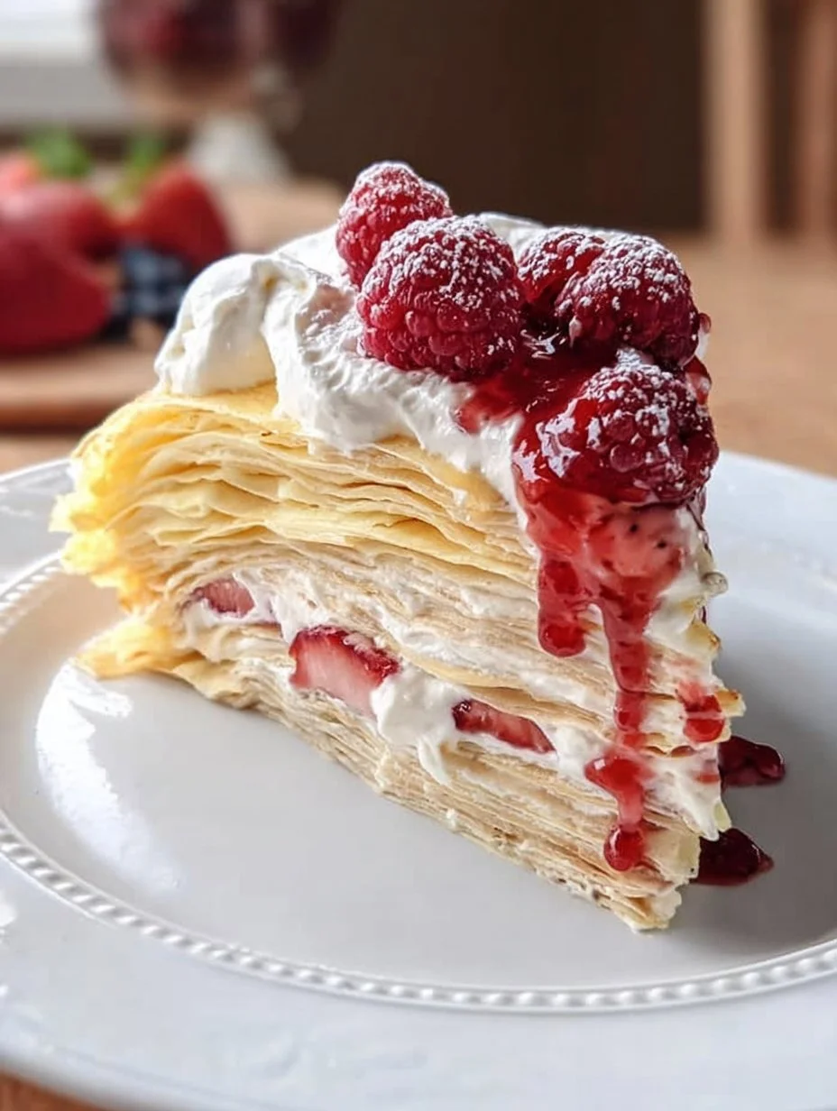Layered crepe cake with multiple thin layers and cream filling on a decorated plate