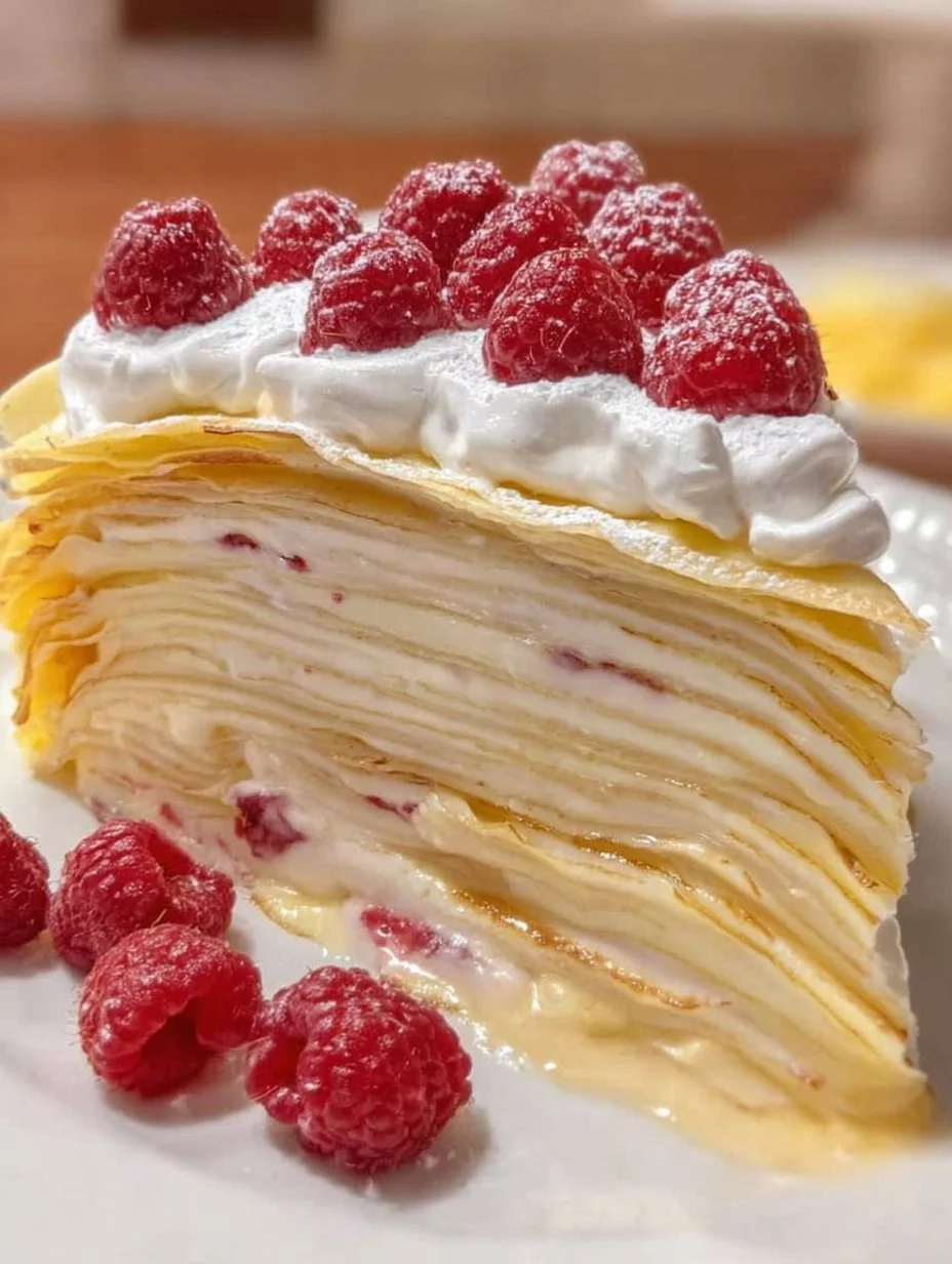 Layered crepe cake with raspberry cream filling, beautifully decorated for dessert.