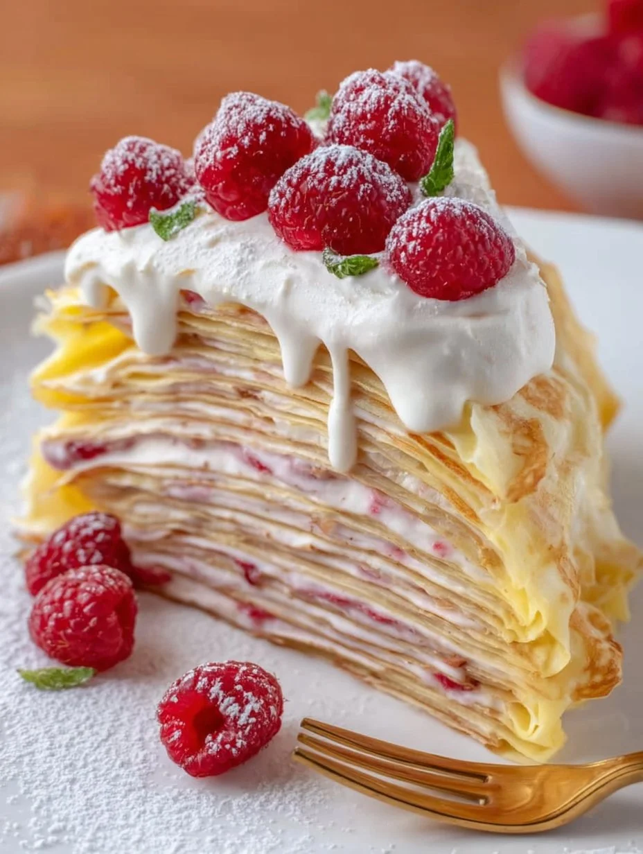 Layered Crepe Cake with Raspberry Cream Filling on a plate