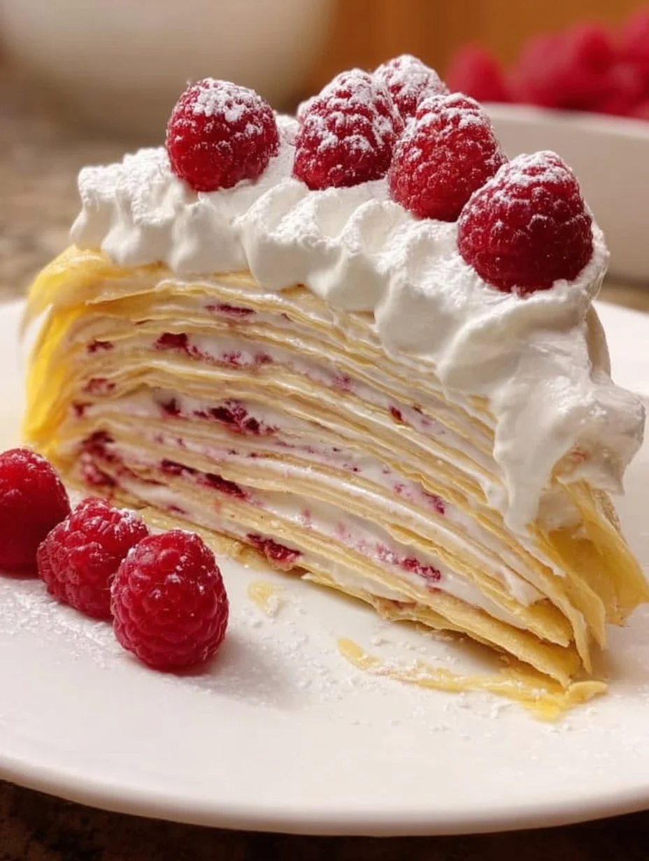 Delicious layered crepe cake with raspberry cream filling displayed on a plate.