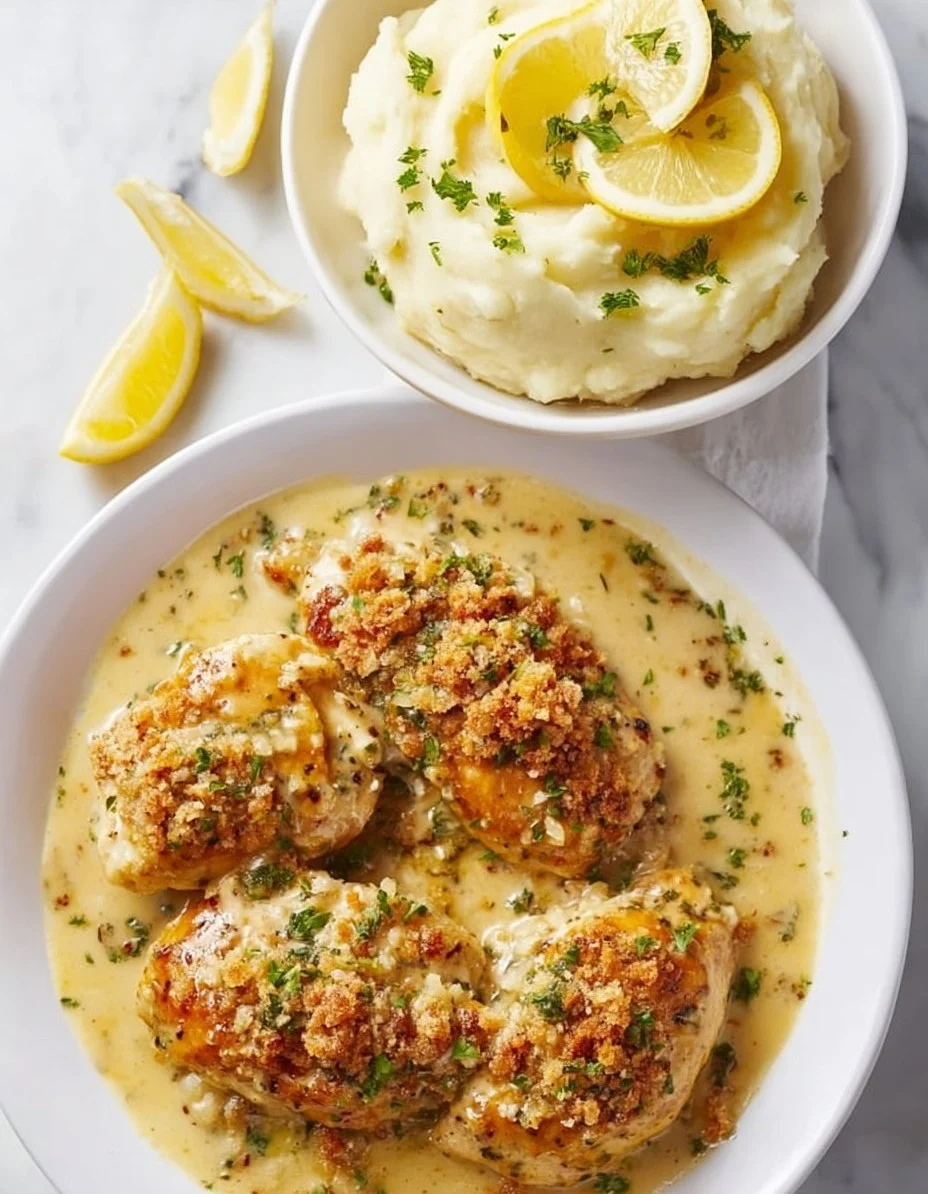 Plate of delicious Lemon Garlic Chicken garnished with herbs