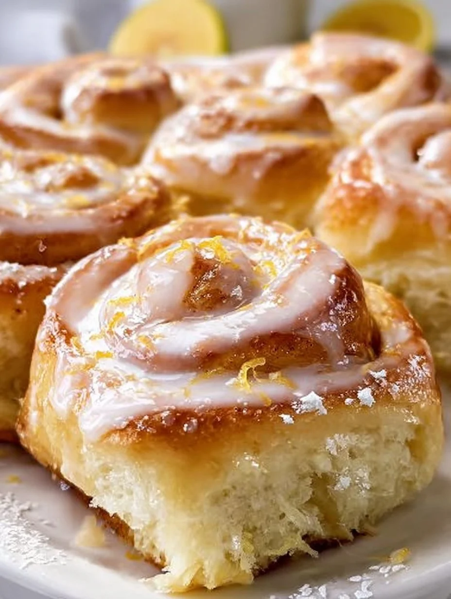 Delicious Lemon Sweet Rolls drizzled with lemon glaze on a wooden table