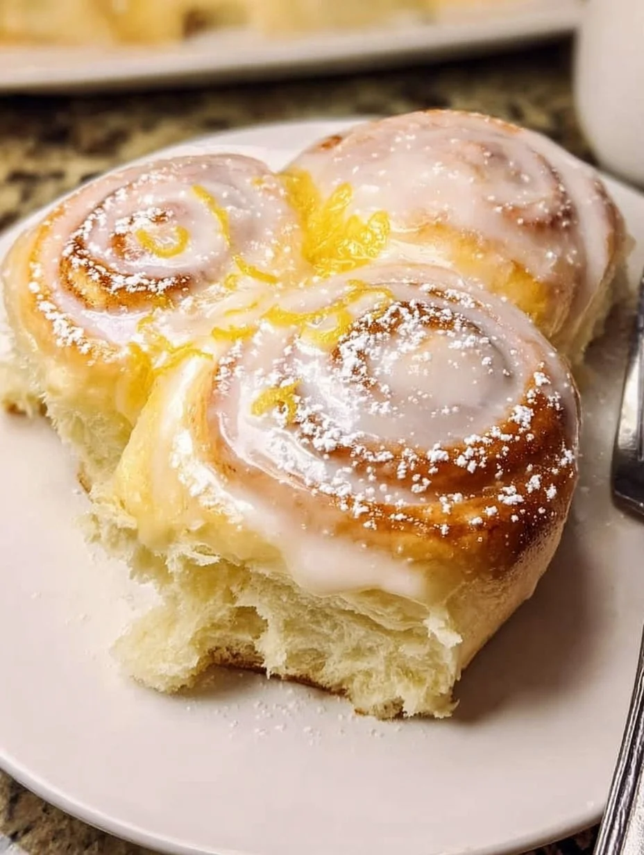 Freshly baked lemon sweet rolls with icing on a wooden table