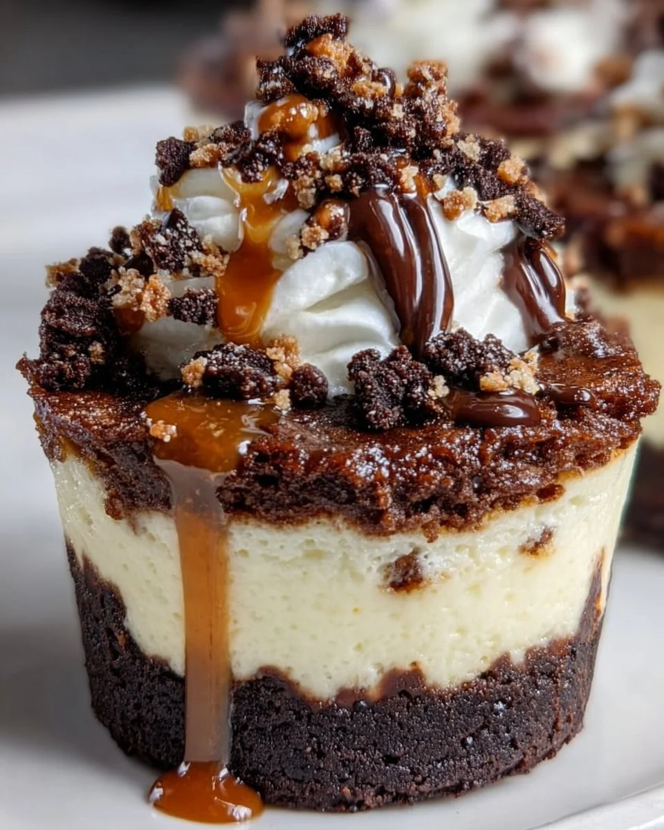 Loaded Brownie Cheesecake Cup topped with chocolate drizzle and whipped cream
