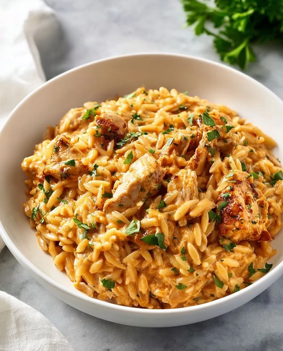 Creamy Marry Me Chicken Orzo dish garnished with herbs and served in a bowl