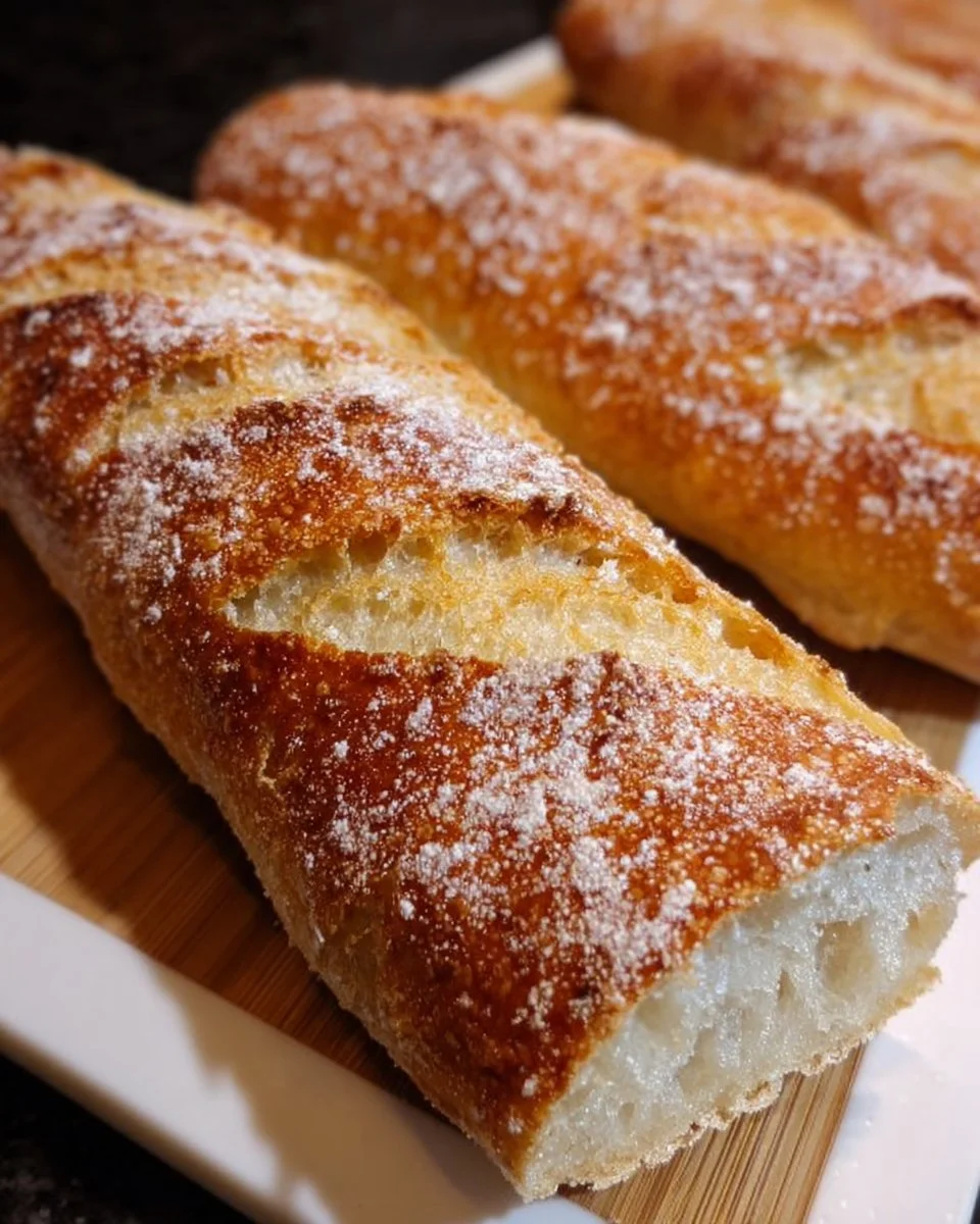 Freshly baked no-knead bread baguette on a wooden board