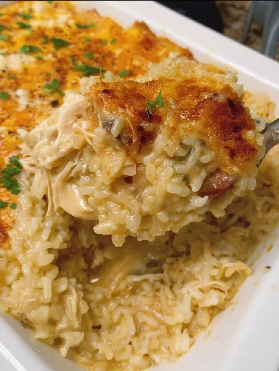 Delicious no-peek chicken casserole fresh out of the oven, perfect for family meals.