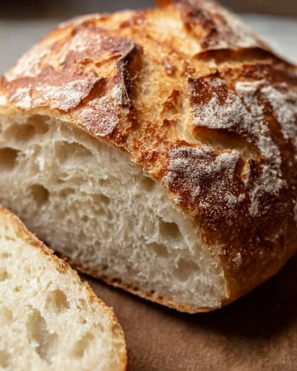 Freshly baked one-day sourdough bread on a wooden cutting board.