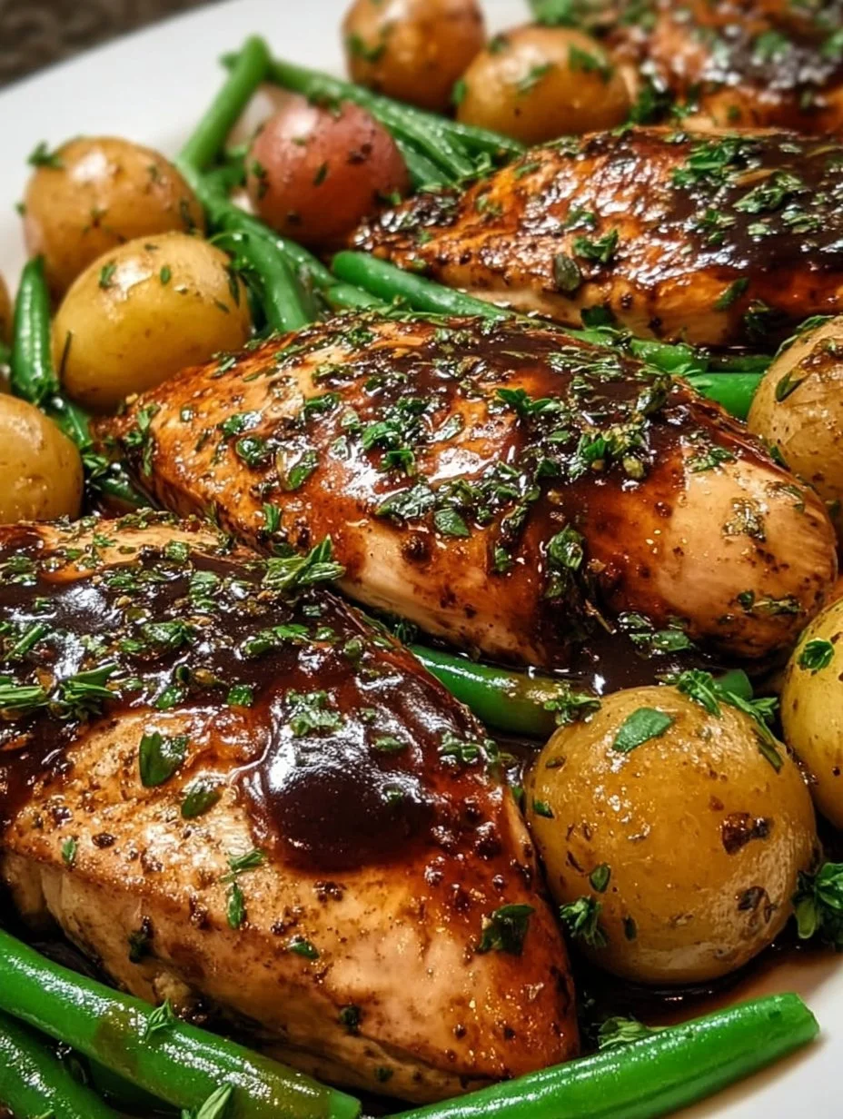 One-Pan Balsamic Chicken with Green Beans and Potatoes dish