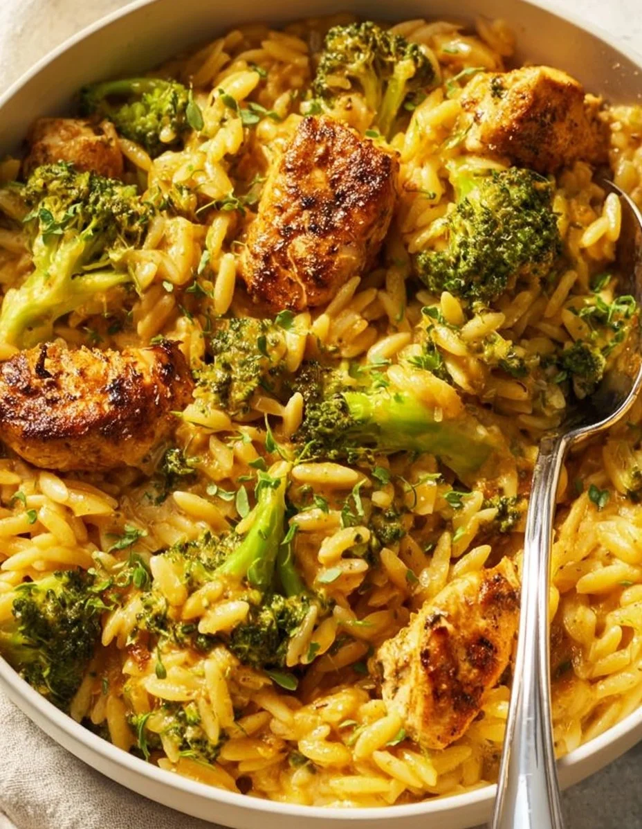 Delicious Orzo and Chicken recipe plated with fresh herbs.