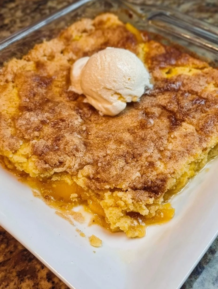 Delicious Peach Cobble Dump Cake served in a decorative dish