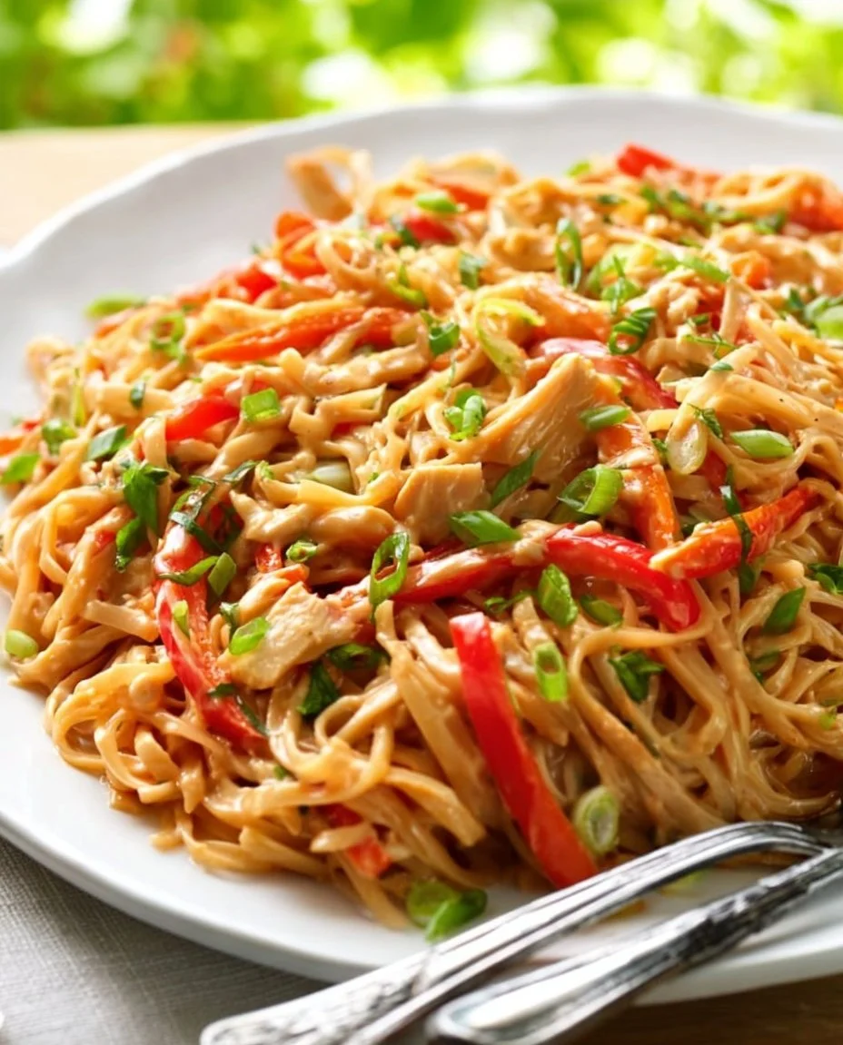 Creamy peanut butter noodles topped with chicken in a bowl