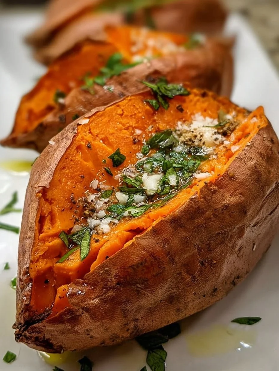 Perfectly baked sweet potato topped with herbs and spices, ready to enjoy.