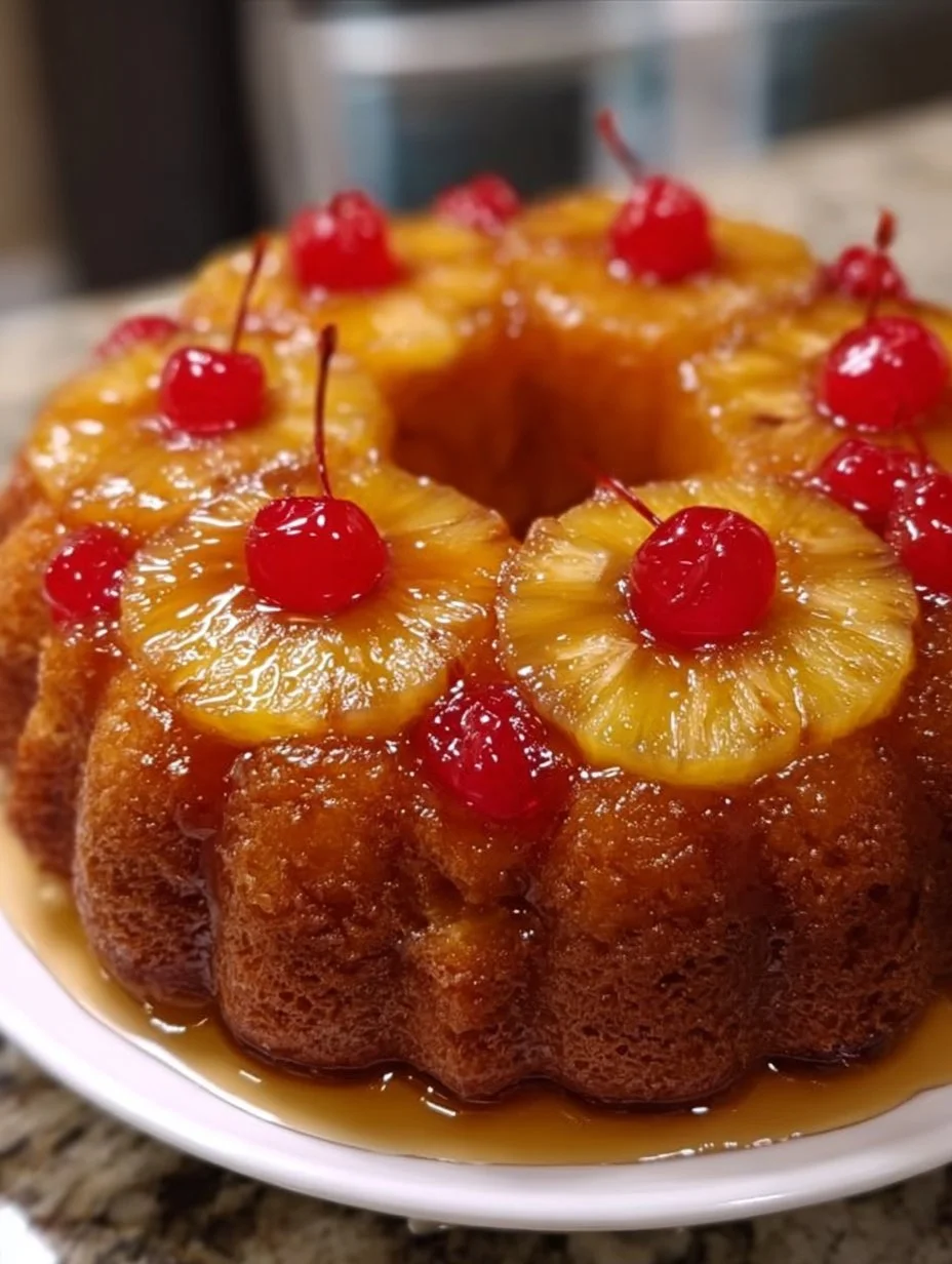 Delicious Pineapple Upside Down Bundt Cake with caramelized pineapple topping