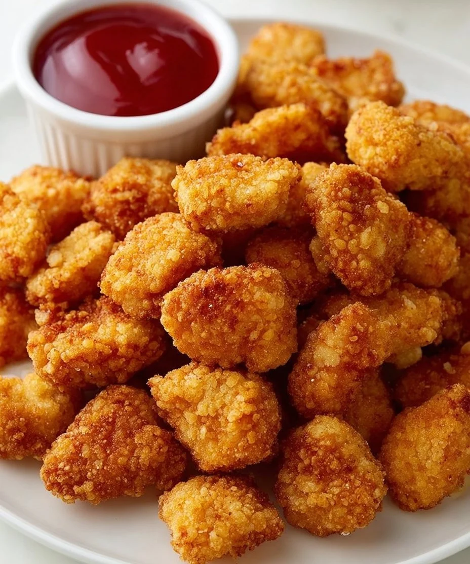 Golden brown popcorn chicken served with dipping sauces