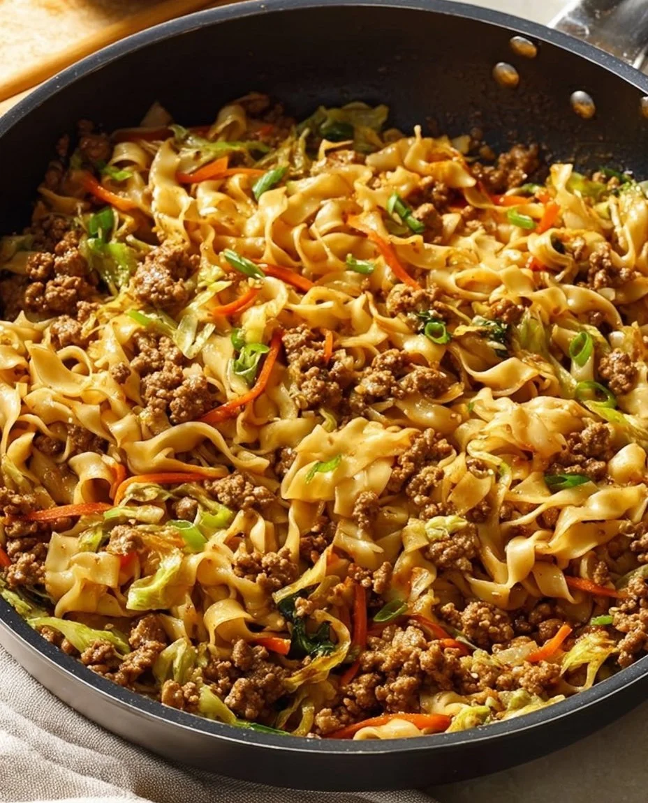 Pork and noodles dish garnished with herbs and vegetables