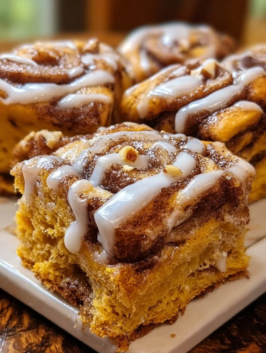 Pumpkin cinnamon roll focaccia fresh out of the oven with a glazed topping
