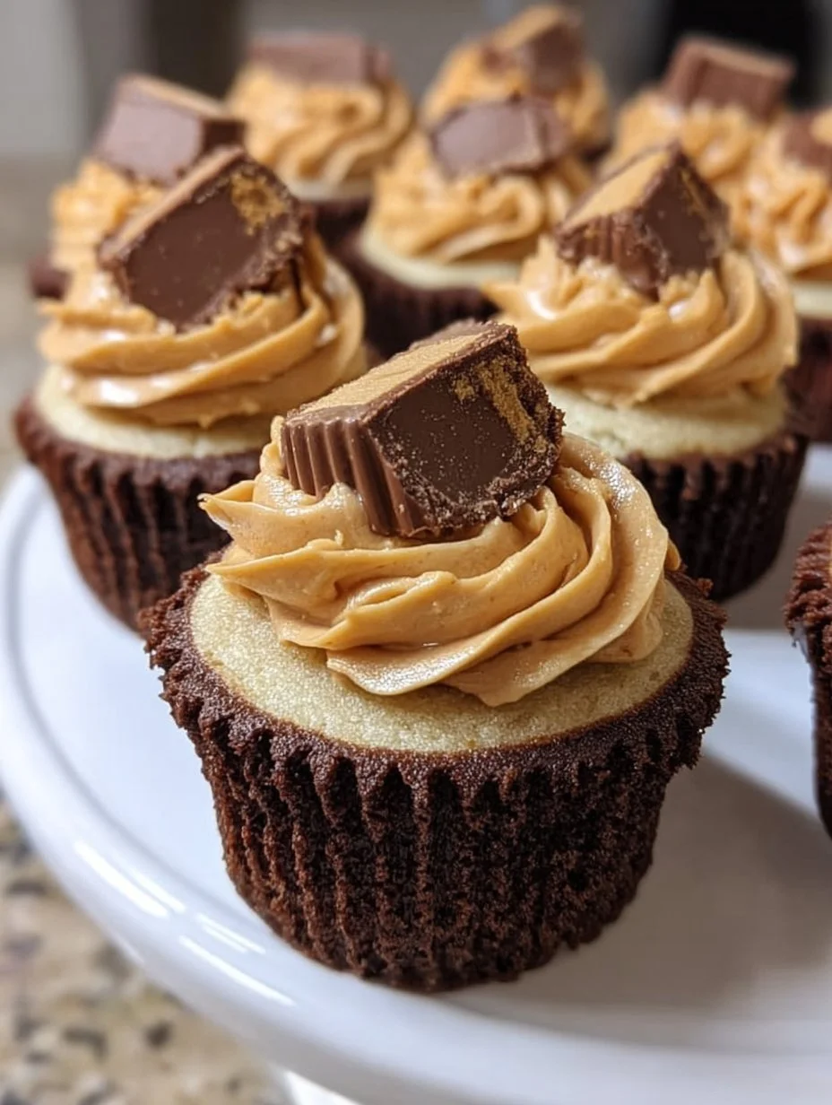 Delicious Reese's peanut butter cupcakes topped with creamy frosting and chocolate.