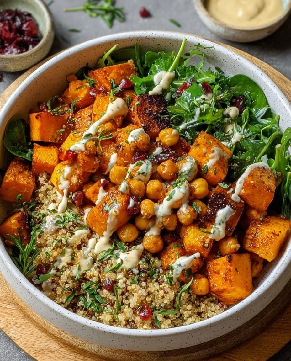 Delicious roasted butternut squash and chickpea bowl served in a colorful dish.
