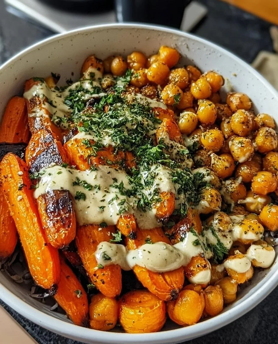 Roasted carrot and chickpea bowl topped with fresh herbs and spices