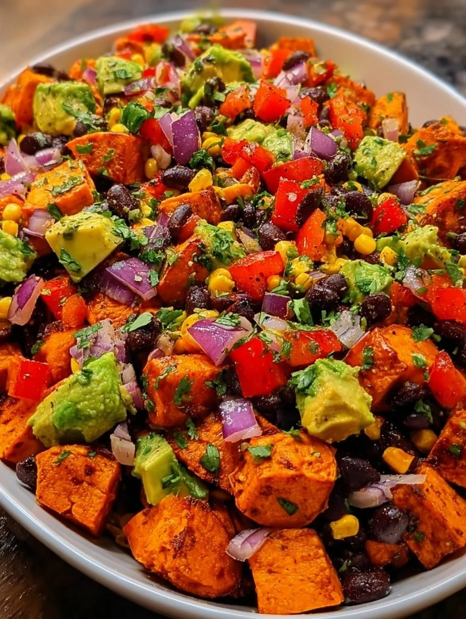 colorful roasted sweet potato black bean salad in a bowl