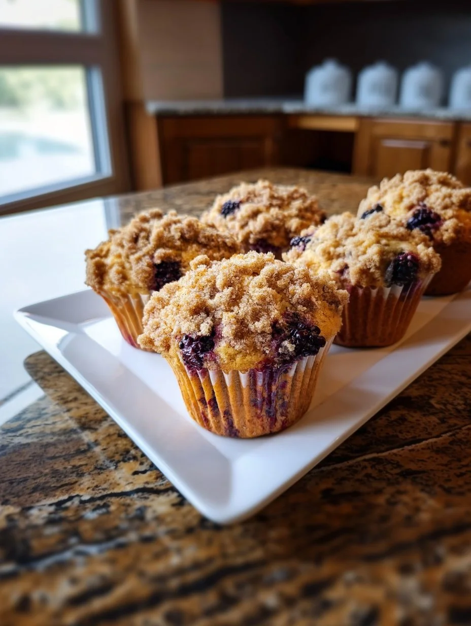 Freshly baked soft blackberry muffins with streusel topping on a cooling rack.