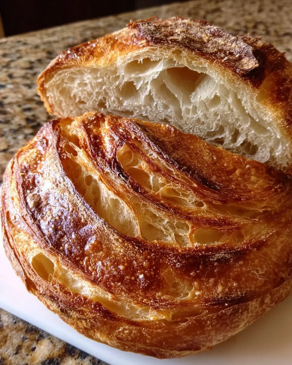 Freshly baked sourdough croissant bread showcasing flaky layers and golden crust.