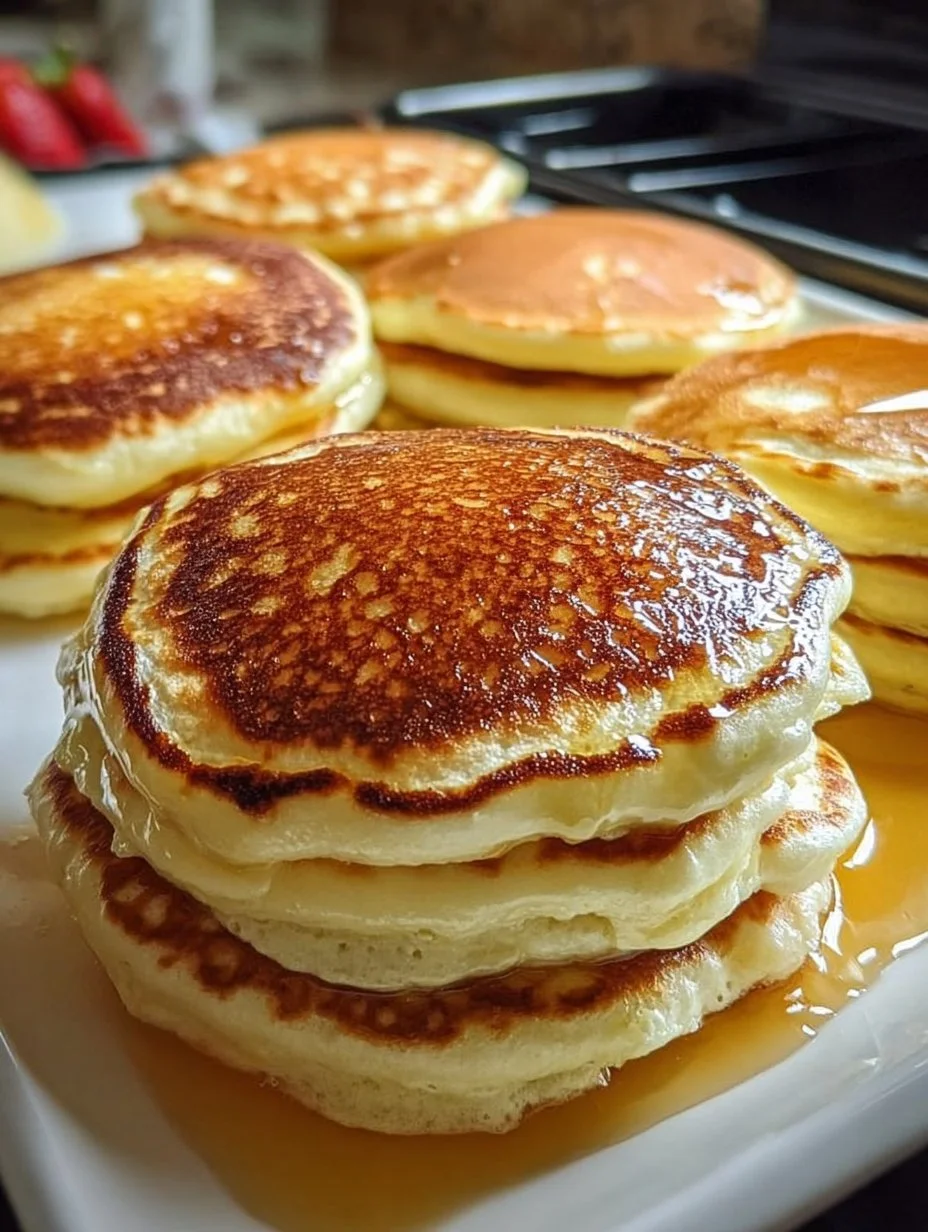 Fluffy sourdough pancakes made from sourdough discard served with syrup