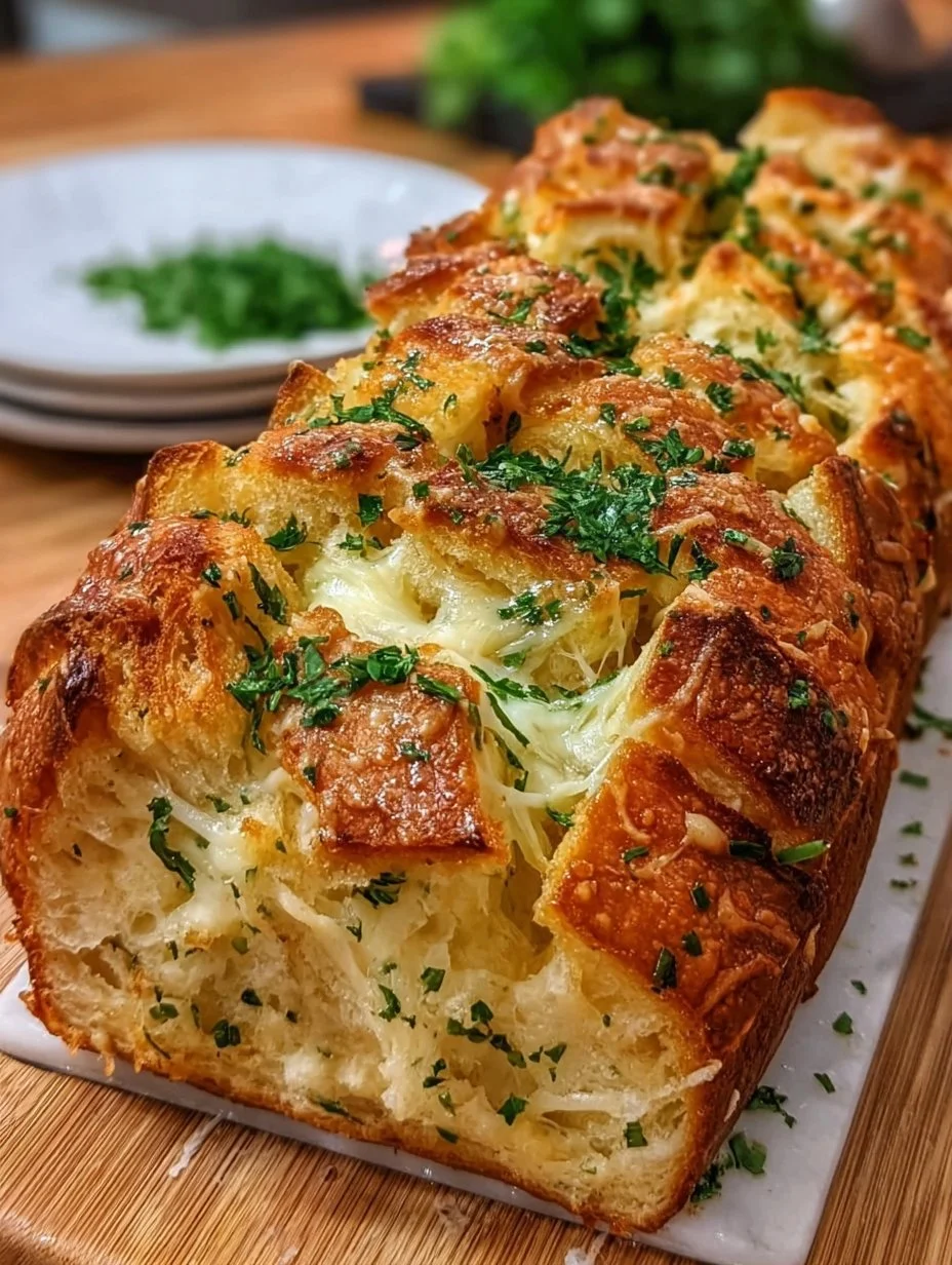 Homemade sourdough discard pull-apart garlic bread served with herbs.