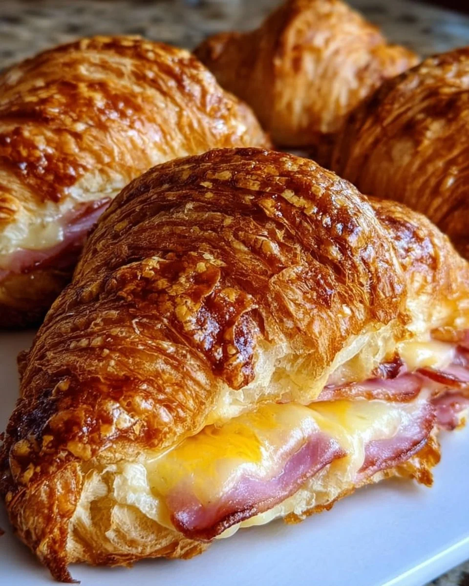 Freshly baked sourdough ham and cheese croissants on a wooden table