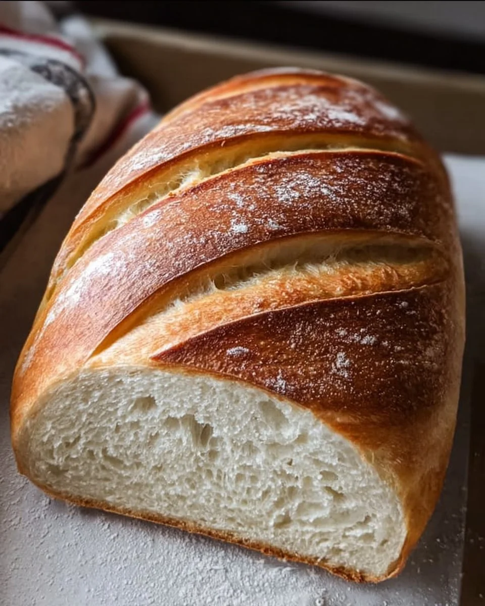 Freshly baked sourdough sandwich bread on a wooden cutting board.