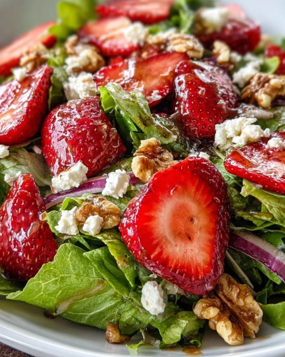 Spring Strawberry Walnut Crunch Salad with mixed greens and crunchy walnuts.
