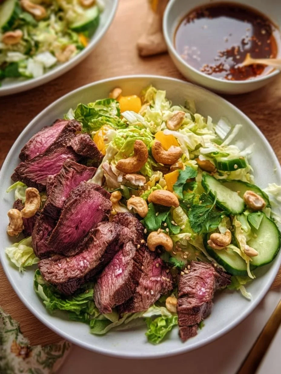 Fresh steak salad with grilled steak, mixed greens, and colorful vegetables.