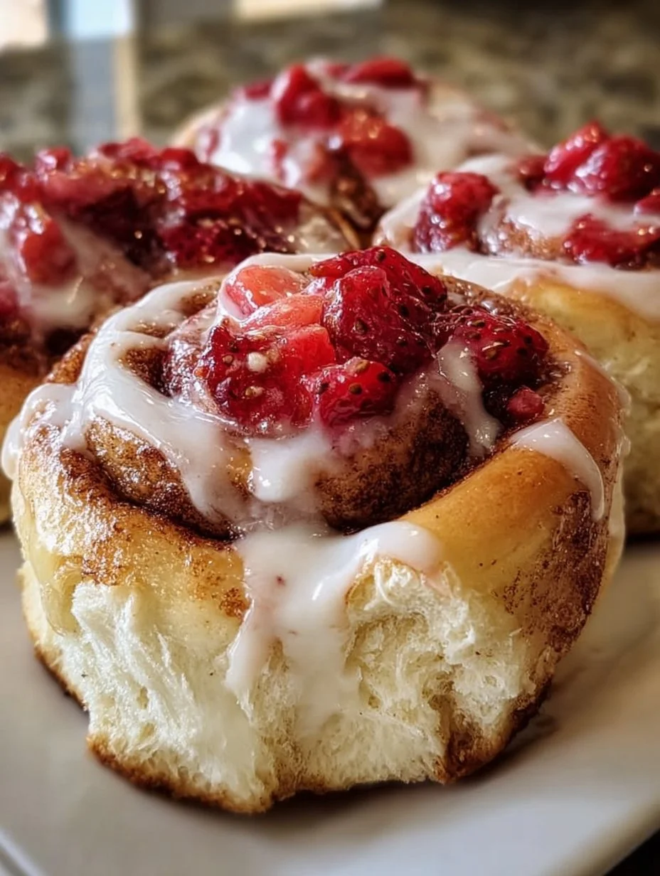 Freshly baked strawberry cinnamon rolls topped with cream cheese icing