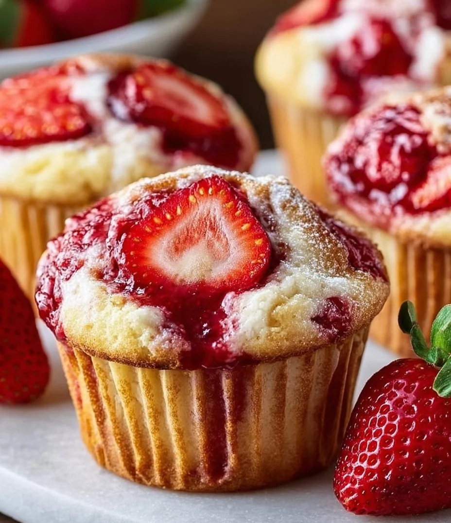 Freshly baked strawberry cream cheese muffins with vibrant strawberries.