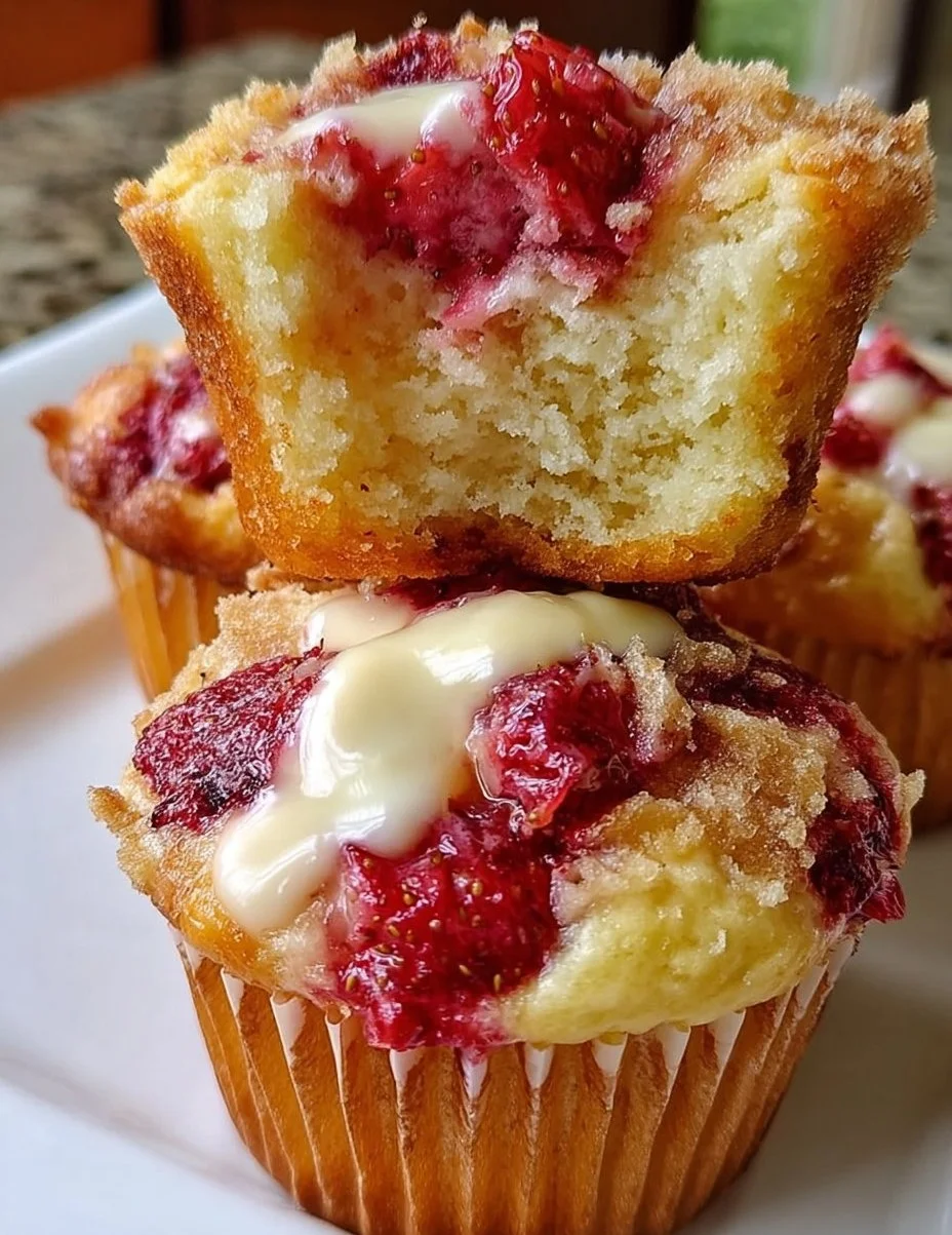Freshly baked Strawberry Cream Cheese Muffins with vibrant strawberries and creamy filling.