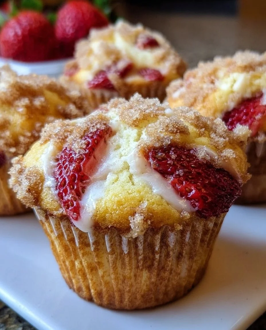 Freshly baked strawberry cream cheese muffins on a wooden table
