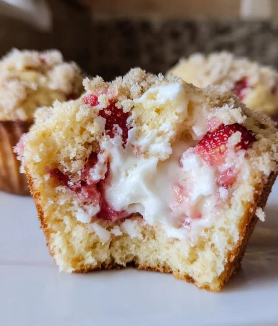 Freshly baked strawberry muffins with cream cheese filling on a cooling rack