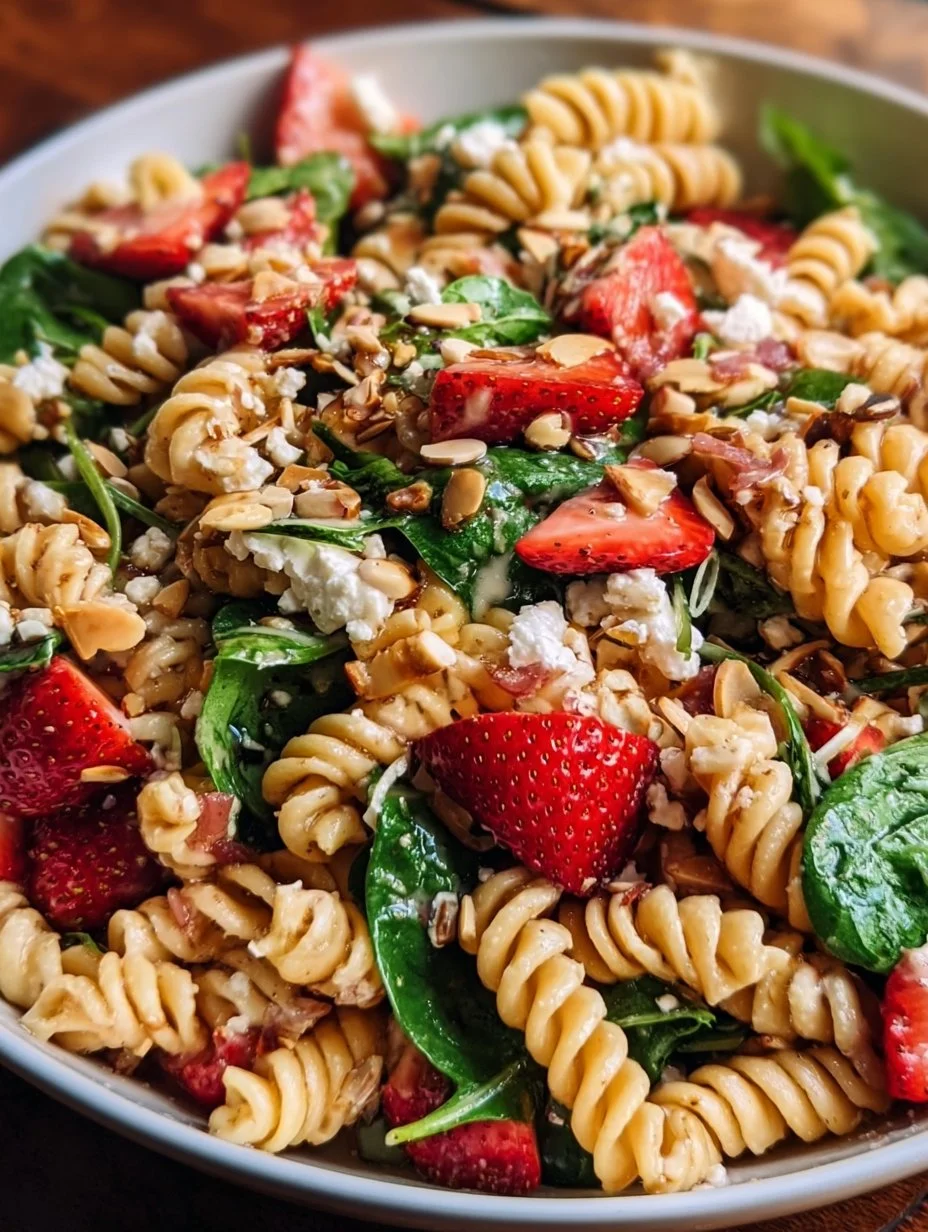 Delicious Strawberry Pasta Salad with fresh strawberries and greens