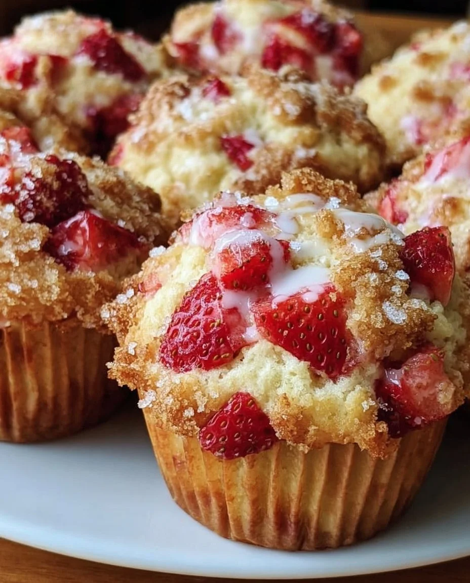 Freshly baked strawberry shortcake muffins topped with whipped cream