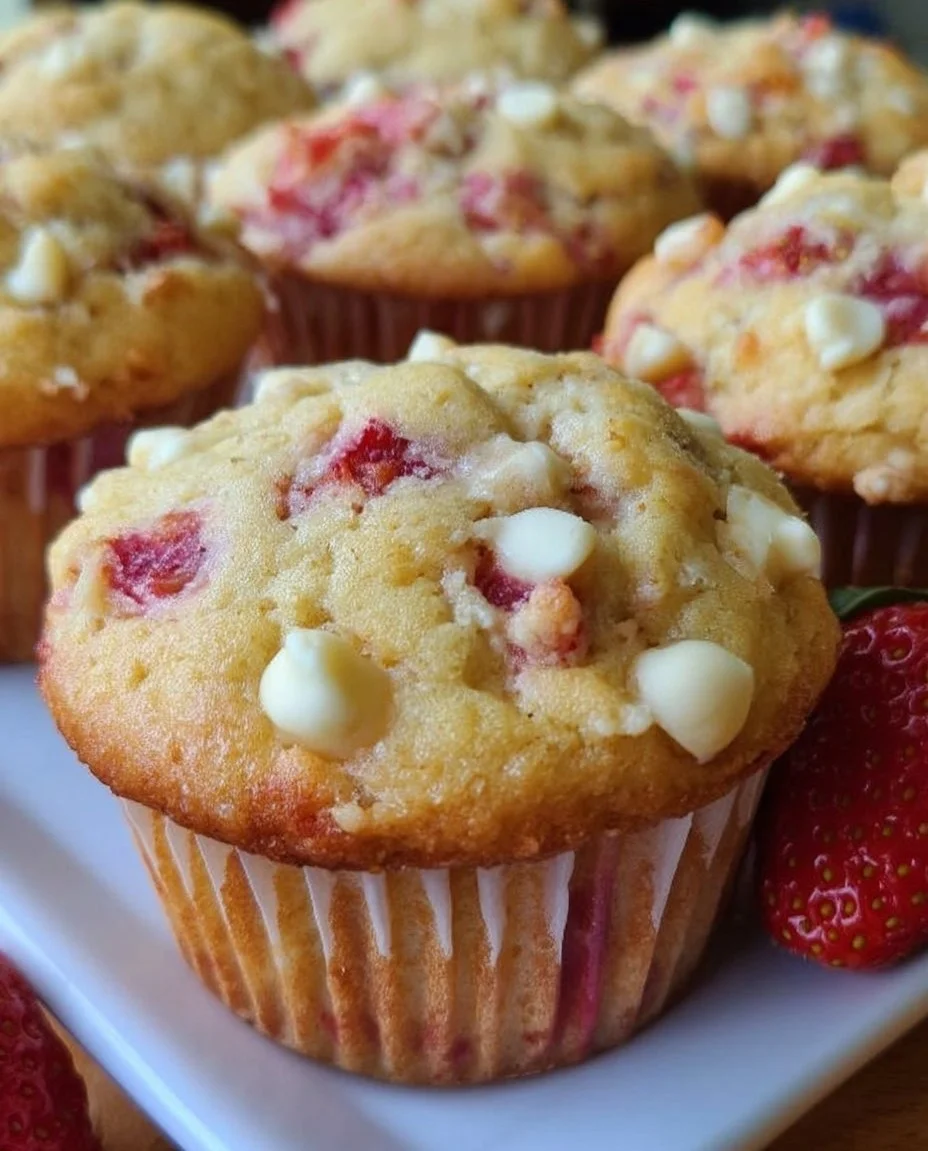 Strawberry White Chocolate Chip Coffee Cake Muffins ready to enjoy