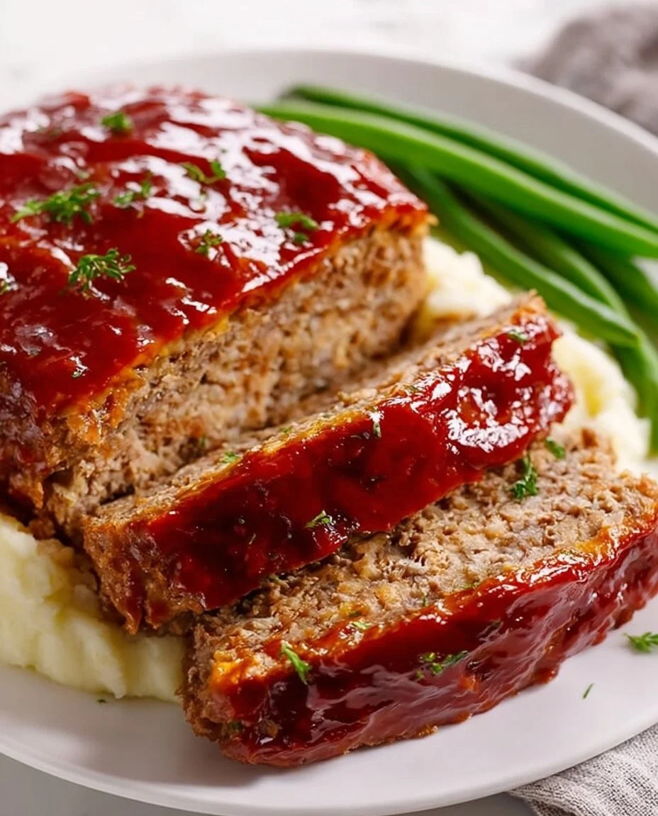 Delicious Stuffing Meatloaf topped with gravy and served with mashed potatoes.