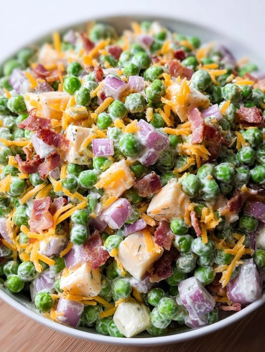 Delicious summer pea salad with fresh vegetables and garden peas.